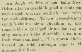 Scan of an 1893 Gaelic newspaper paragraph in aged type. The Gaelic text reads: 'An deigh so bha e am baile New Orleans, far an deachaidh geall a chuir ris nach togadh e acaire soithich 'san robh tunna chudthrom. Thog e 'n t-acaire gun strith 's chuir e air a ghuallinn e, ach nuair a bha e 'ga leigeil air an lar rug e air ghualla air 's cha deachaidh e na aite fhein riamh tuilleadh. Tha moran de'n bharail gu robh rud-eigin aige so ri dheanamh ri bhas.' (In translation: afterward, in New Orleans, a wager was made that he could not lift a ship's anchor weighing a ton; he lifted it without struggle and put it on his shoulder, but in setting it down it caught his shoulder, which never went back to its proper place, and many believe this had something to do with his death.)