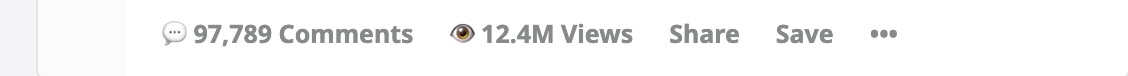 Close-up crop of the fan-fiction post's engagement bar: 97,789 Comments, 12.4M Views, Share, Save.